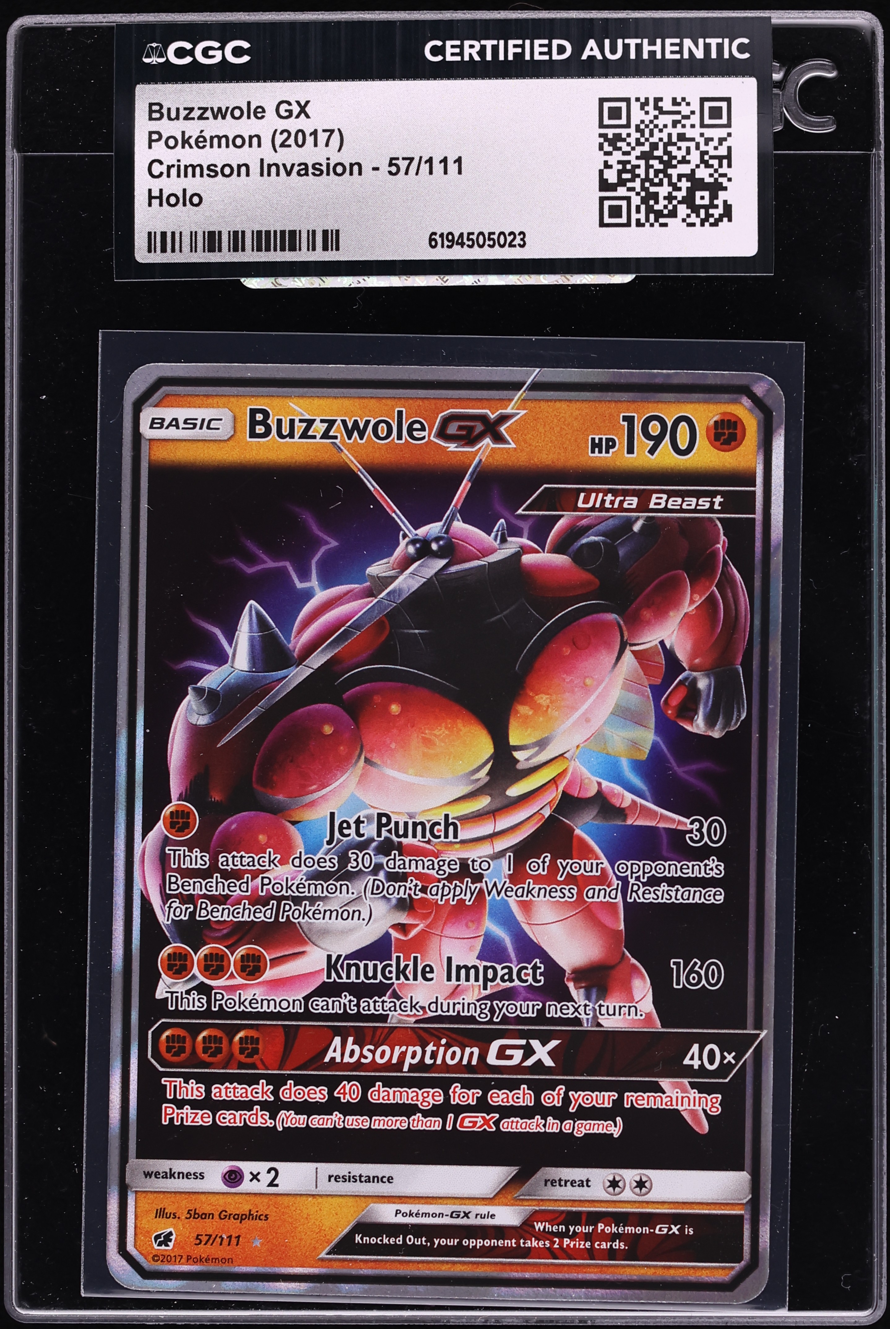 2017 Pokemon Sun & Moon Crimson Invasion Holo Buzzwole GX #57 CGC AUTH