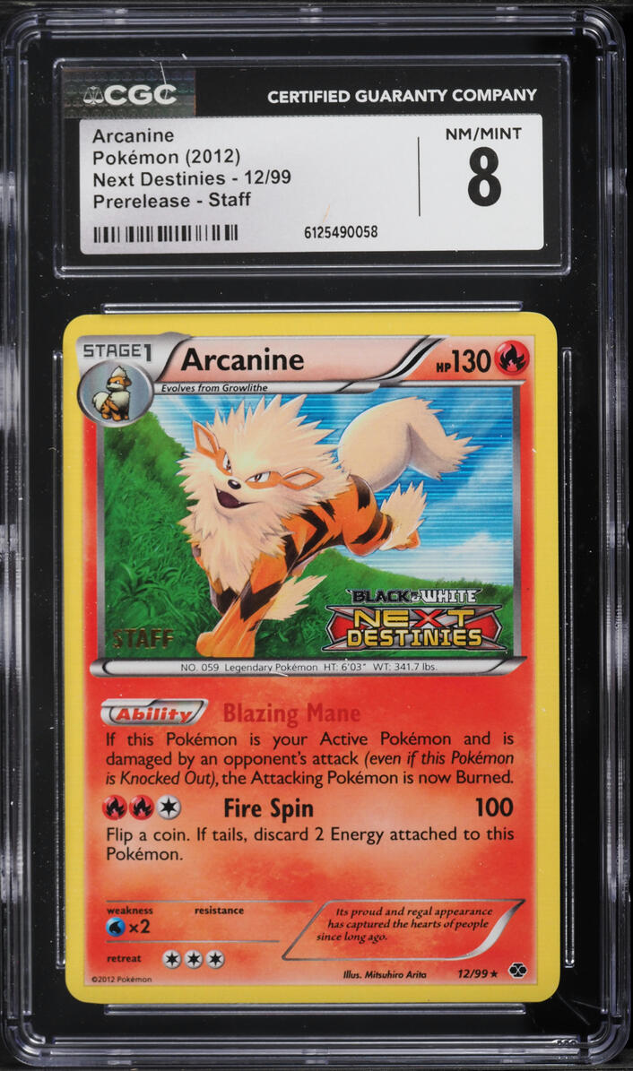 2012 Pokemon Black & White Next Destinies Prerelease Staff Arcanine #12 CGC 8 NM-MT