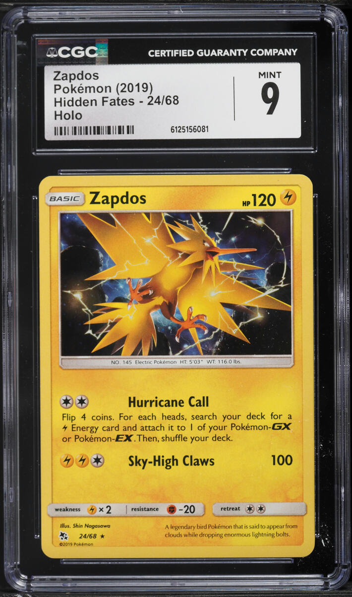 2019 Pokemon Sun & Moon Hidden Fates Holo Zapdos #24 CGC 9 MINT