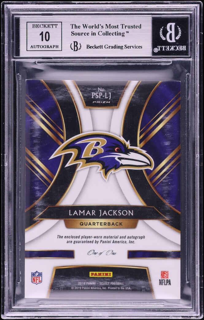 2018 Select Prime Selections Black Prizm Laundry Tag Lamar Jackson ROOKIE PATCH AUTO 1/1 BGS 9