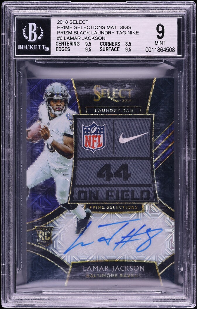 2018 Select Prime Selections Black Prizm Laundry Tag Lamar Jackson ROOKIE PATCH AUTO 1/1 BGS 9
