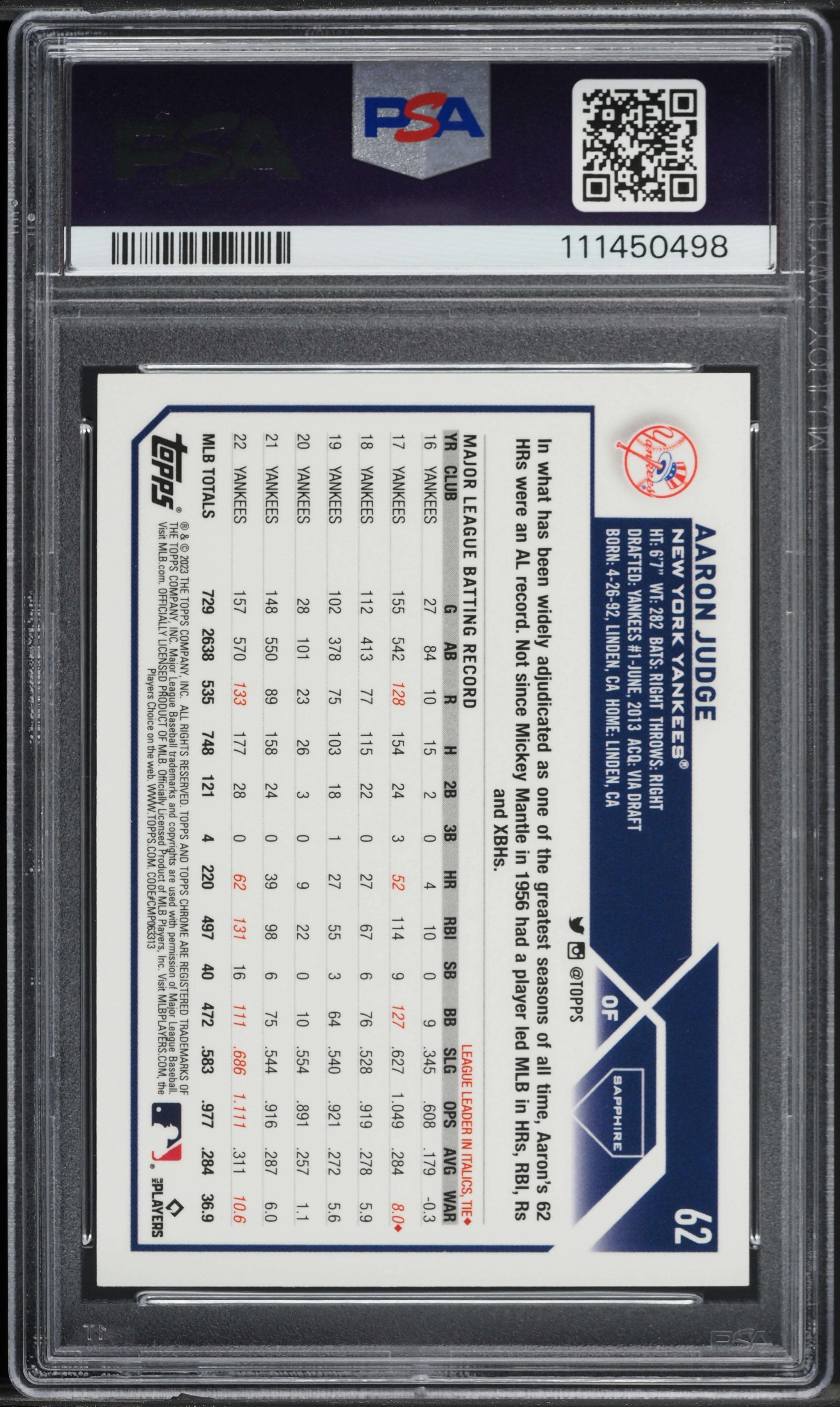 2023 Topps Chrome Sapphire Gold Aaron Judge /50 #62 PSA 9 MINT on