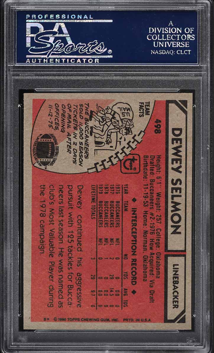 1980 Topps Football Dewey Selmon #498 PSA 10 GEM MINT