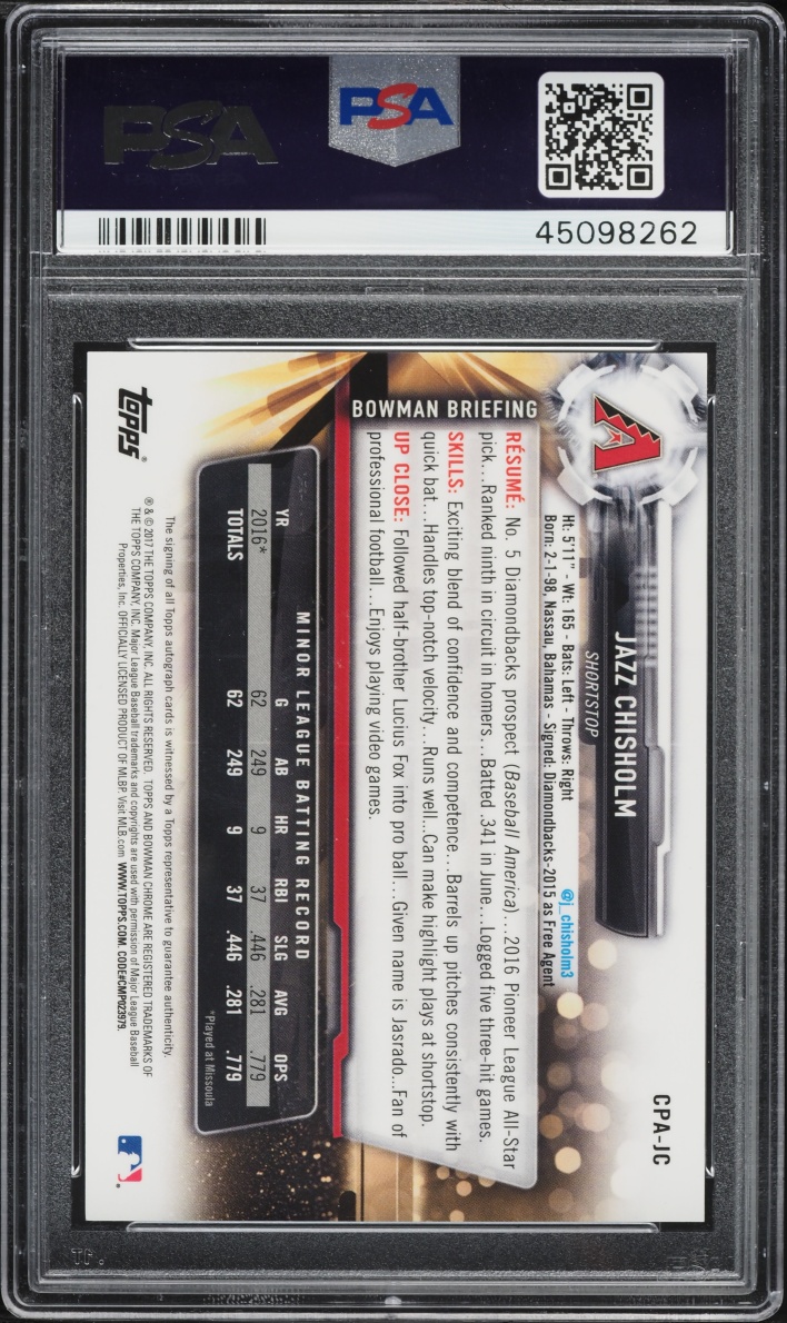 2017 Bowman Chrome Jazz Chisholm PROSPECT AUTO #CPA-JC PSA 10 GEM MINT
