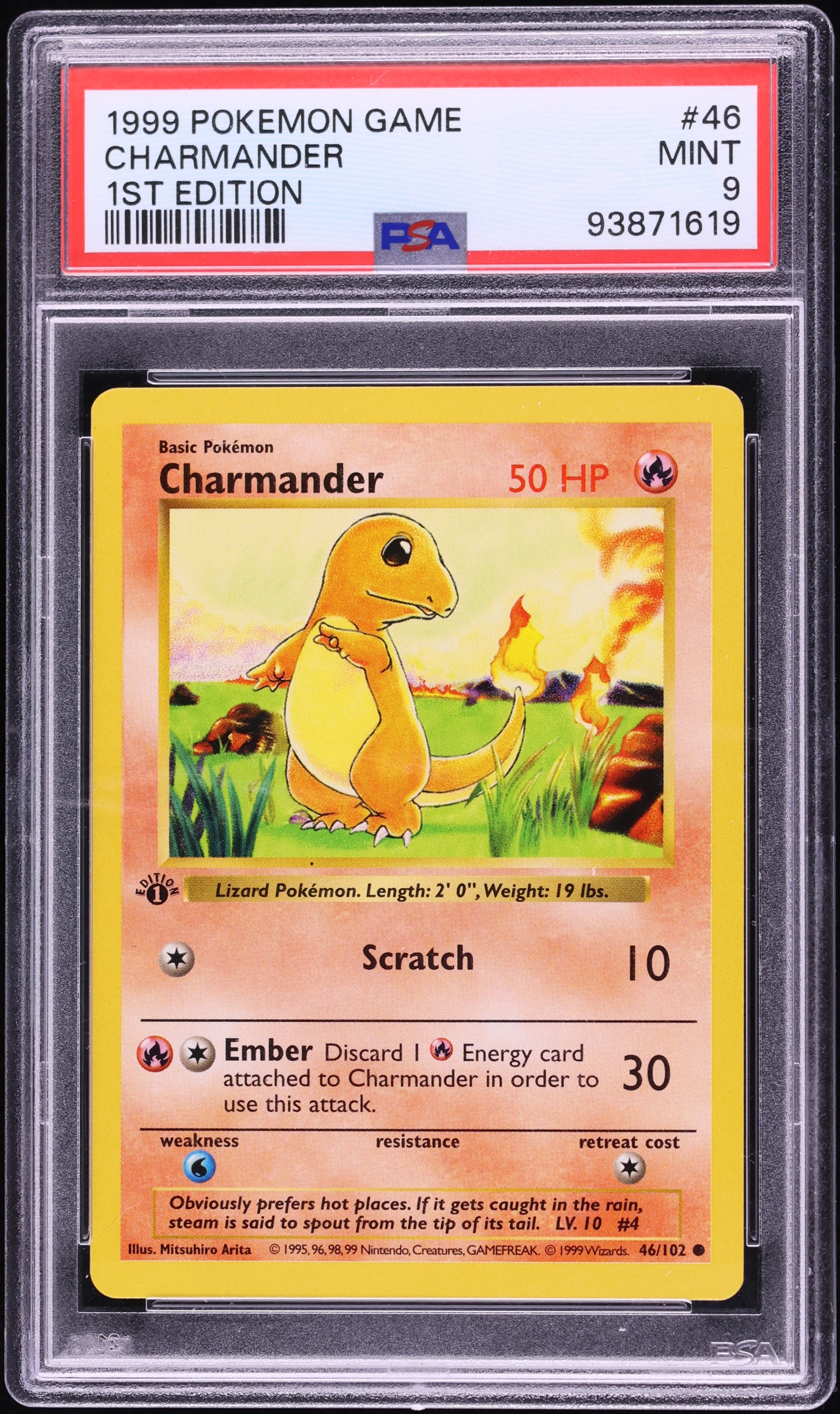 1999 Pokemon Base Set Shadowless 1st Edition Charmander #46 PSA 9 MINT