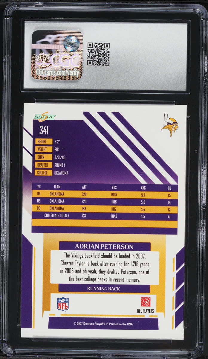 2007 Score Football Adrian Peterson ROOKIE #341 CGC 7.5 NRMT+