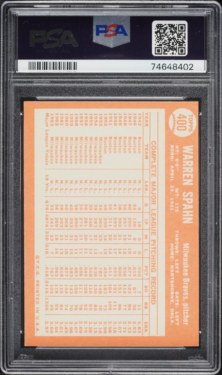 1964 Topps Warren Spahn #400 PSA 4 VGEX