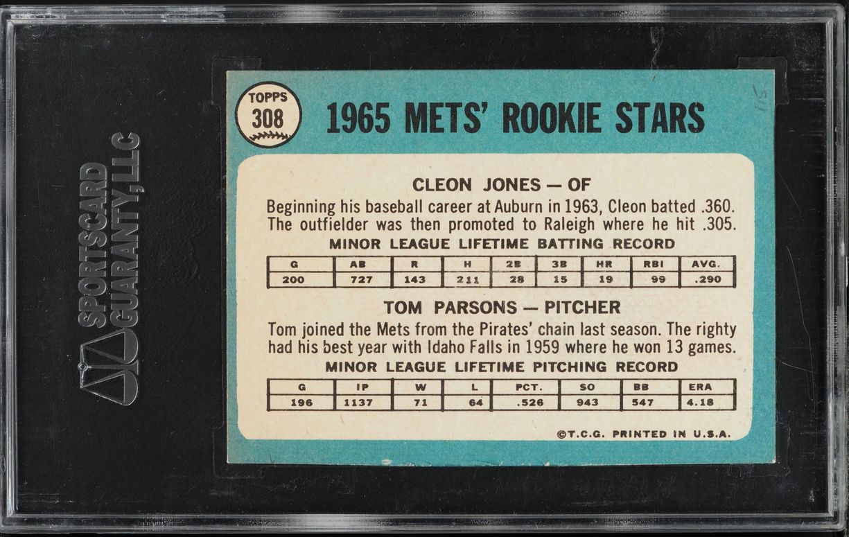 1965 Topps Mets Cleon Jones Tom Parsons ROOKIE AUTO #308 SGC AUTH
