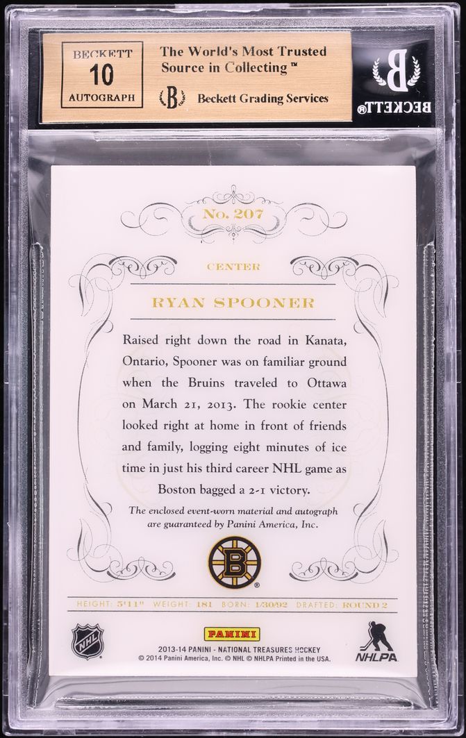 2013 National Treasures Ryan Spooner ROOKIE PATCH AUTO /99 #207 BGS 9.5 GEM MINT