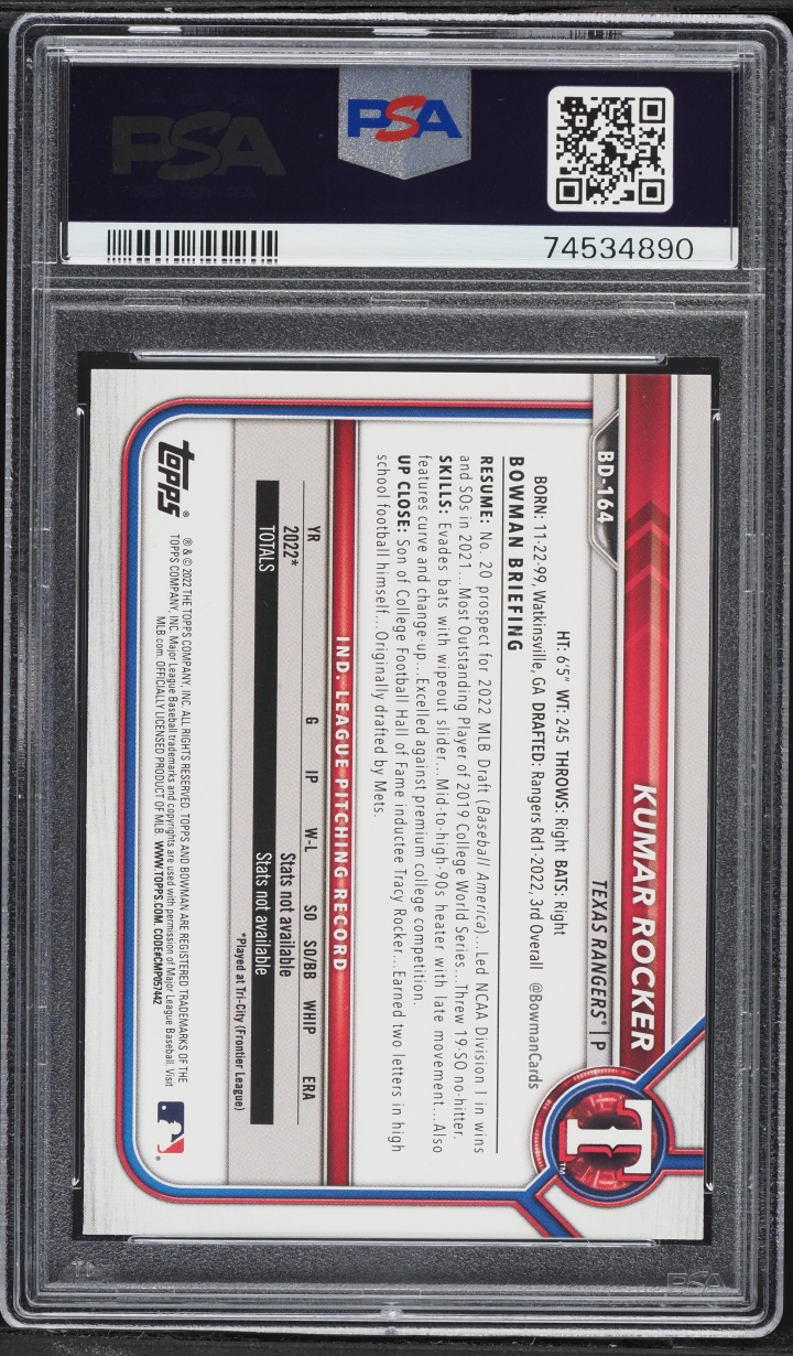 2022 Bowman Draft 1st Edition Kumar Rocker PROSPECT #BD-164 PSA 10 GEM MINT