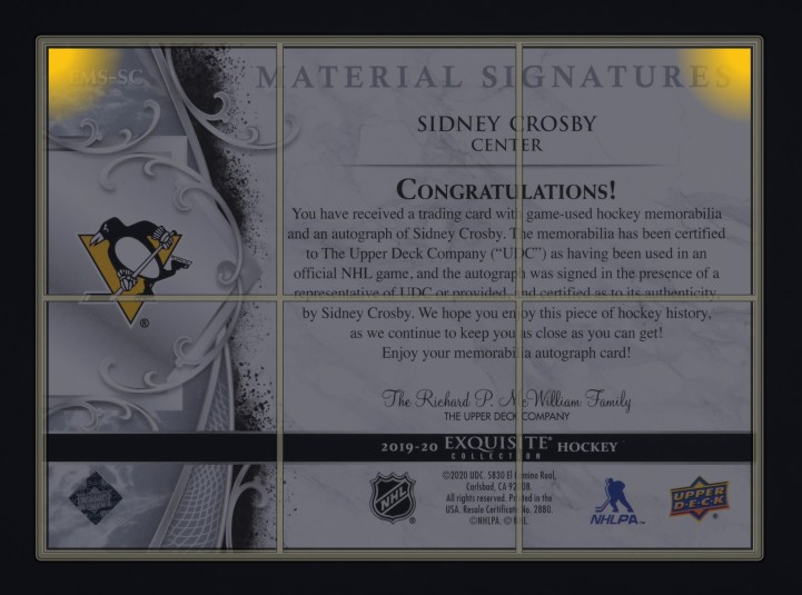 2019 Exquisite Collection Sidney Crosby PATCH AUTO 1/10 #EMS-SC MBA AUTH