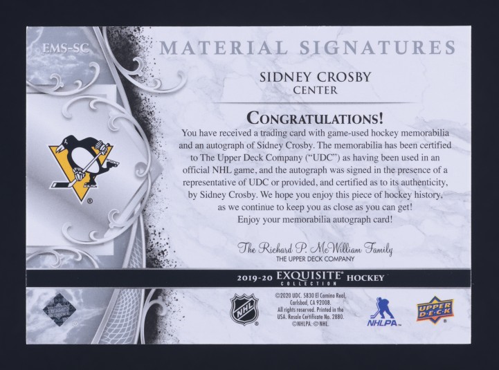 2019 Exquisite Collection Sidney Crosby PATCH AUTO 1/10 #EMS-SC MBA AUTH