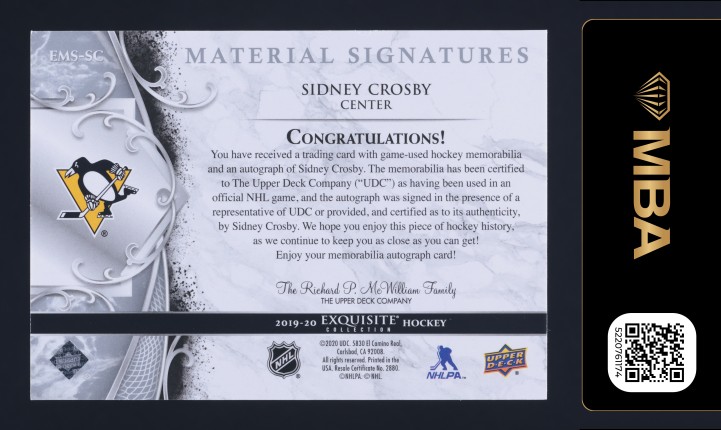 2019 Exquisite Collection Sidney Crosby PATCH AUTO 1/10 #EMS-SC MBA AUTH