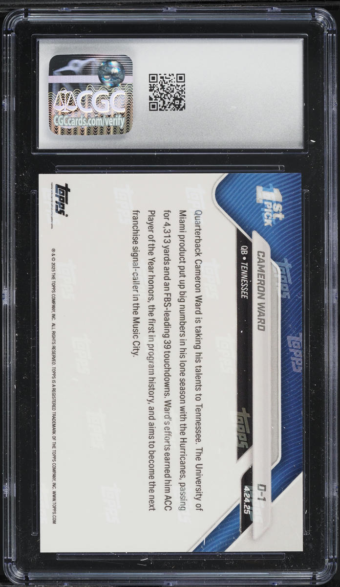 2025 Topps Now Draft Cameron Ward ROOKIE #D-1 CGC 10 GEM MINT