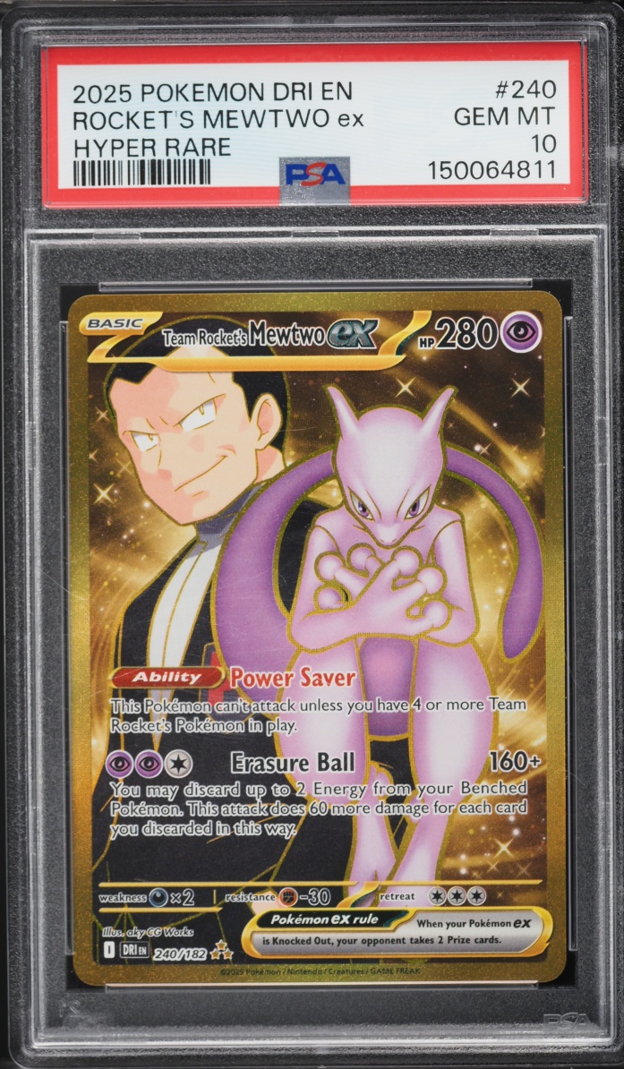 2025 Pokemon Scarlet & Violet Destined Rivals Gold Rare Team Rocket's Mewtwo Ex #240 PSA 10 GEM