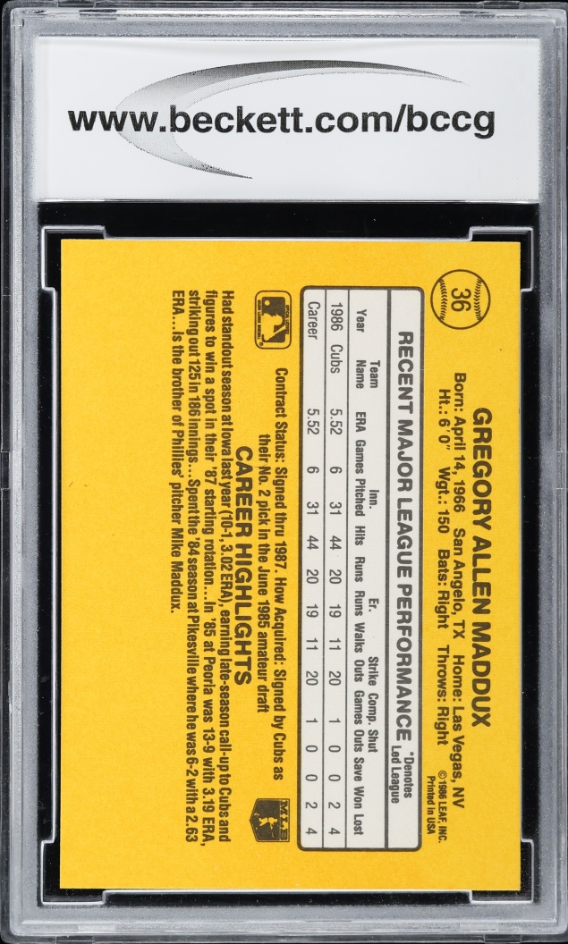 1987 Donruss Greg Maddux ROOKIE #36 BCCG 9 MINT