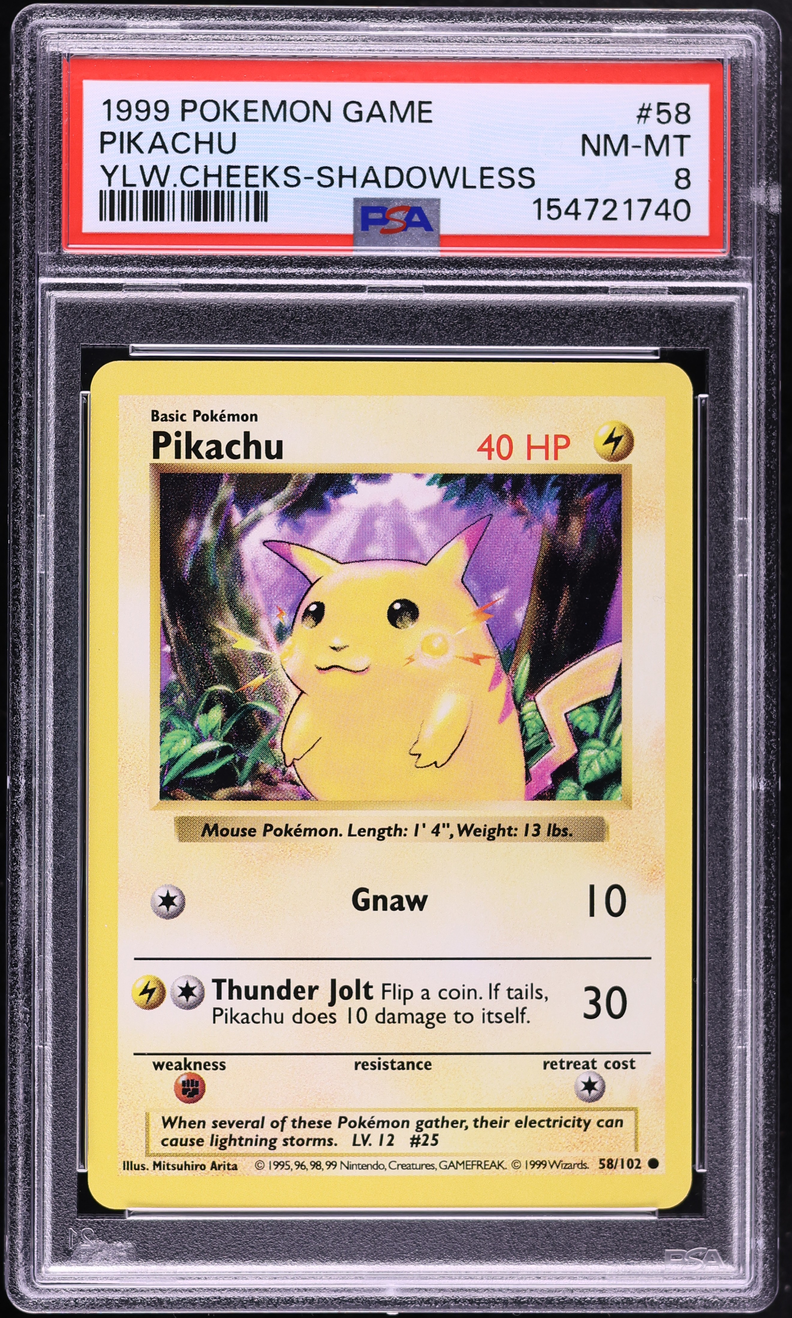 1999 Pokemon Base Set Shadowless Yellow Cheeks Pikachu #58 PSA 8 NM-MT