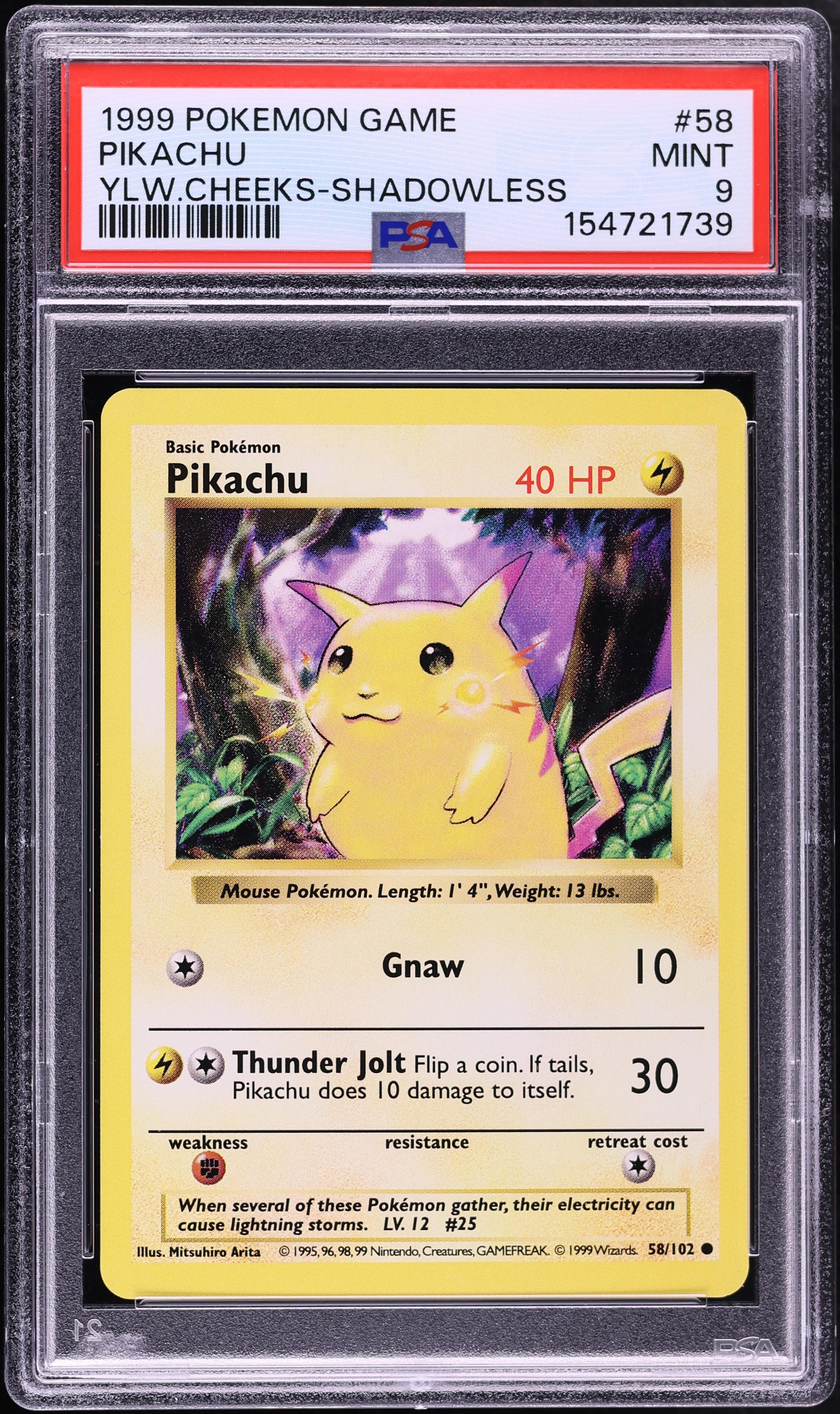 1999 Pokemon Base Set Shadowless Yellow Cheeks Pikachu #58 PSA 9 MINT