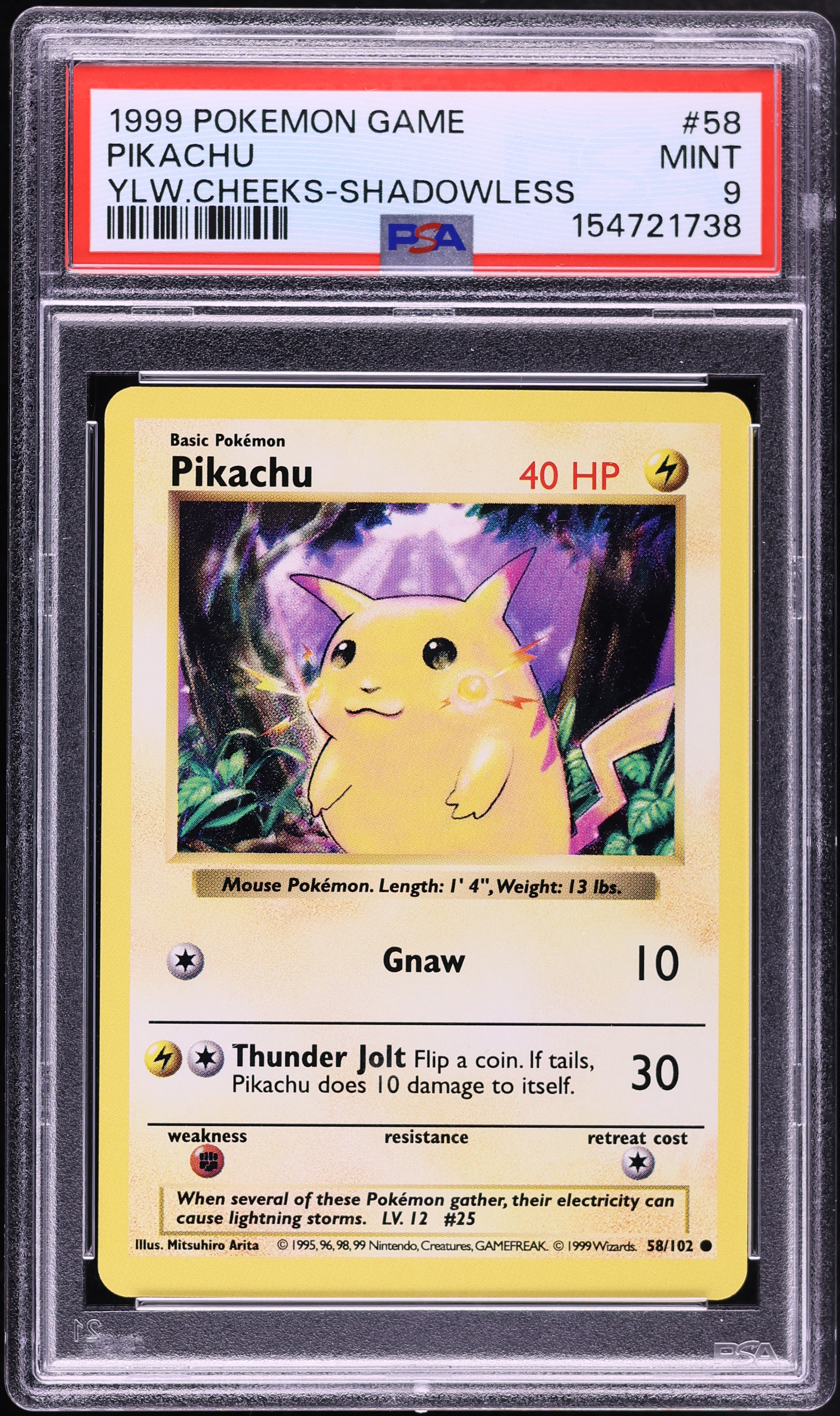1999 Pokemon Base Set Shadowless Yellow Cheeks Pikachu #58 PSA 9 MINT