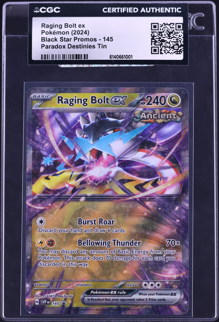 2024 Pokemon SV Black Star Promo Paradox Destinies Tin Raging Bolt ex #145 CGC AUTH
