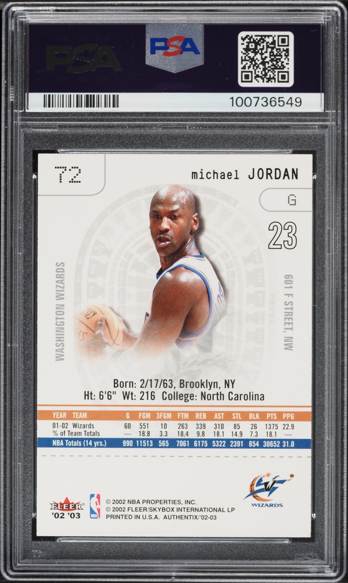 2002 Fleer Authentix Michael Jordan #72 PSA 8 NM-MT