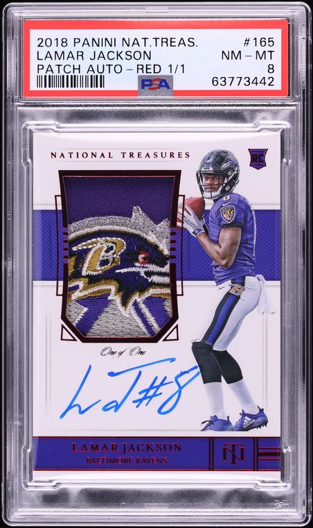 2018 National Treasures Red Lamar Jackson ROOKIE PATCH AUTO 1/1 #165 PSA 8 NM-MT