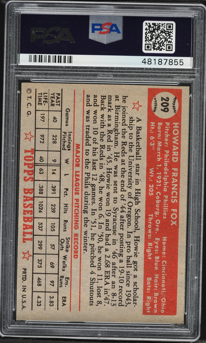 1952 Topps Howie Fox #209 PSA 7 NRMT