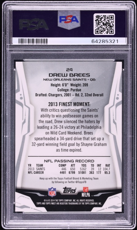 2014 Finest Superfractor Drew Brees 1/1 #24 PSA 10 GEM MINT - Photo 2
