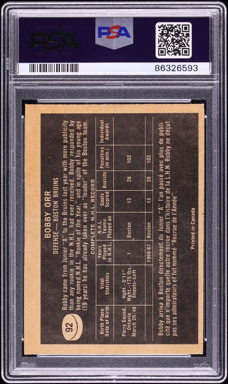 1967 Topps Hockey Bobby Orr #92 PSA 6 EXMT