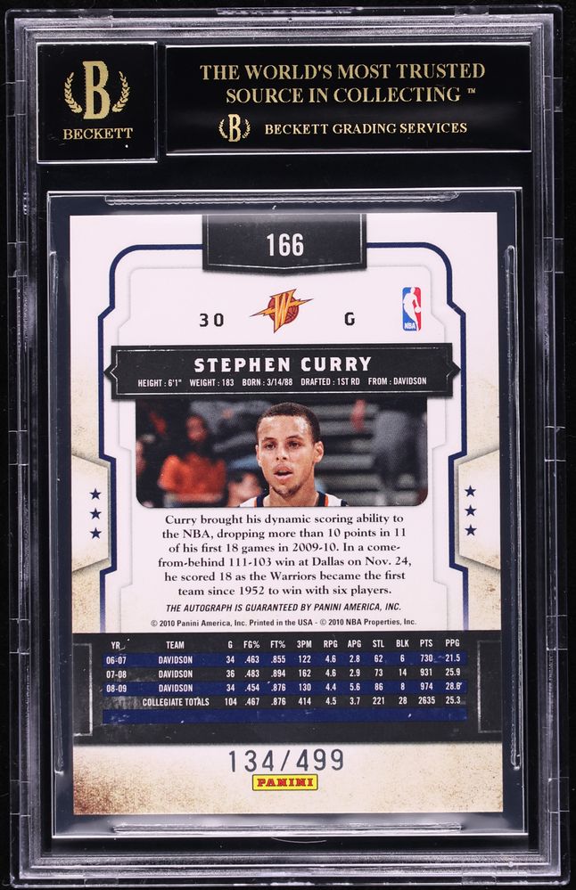 2009 Panini Classics Stephen Curry ROOKIE AUTO /499 #166 BGS