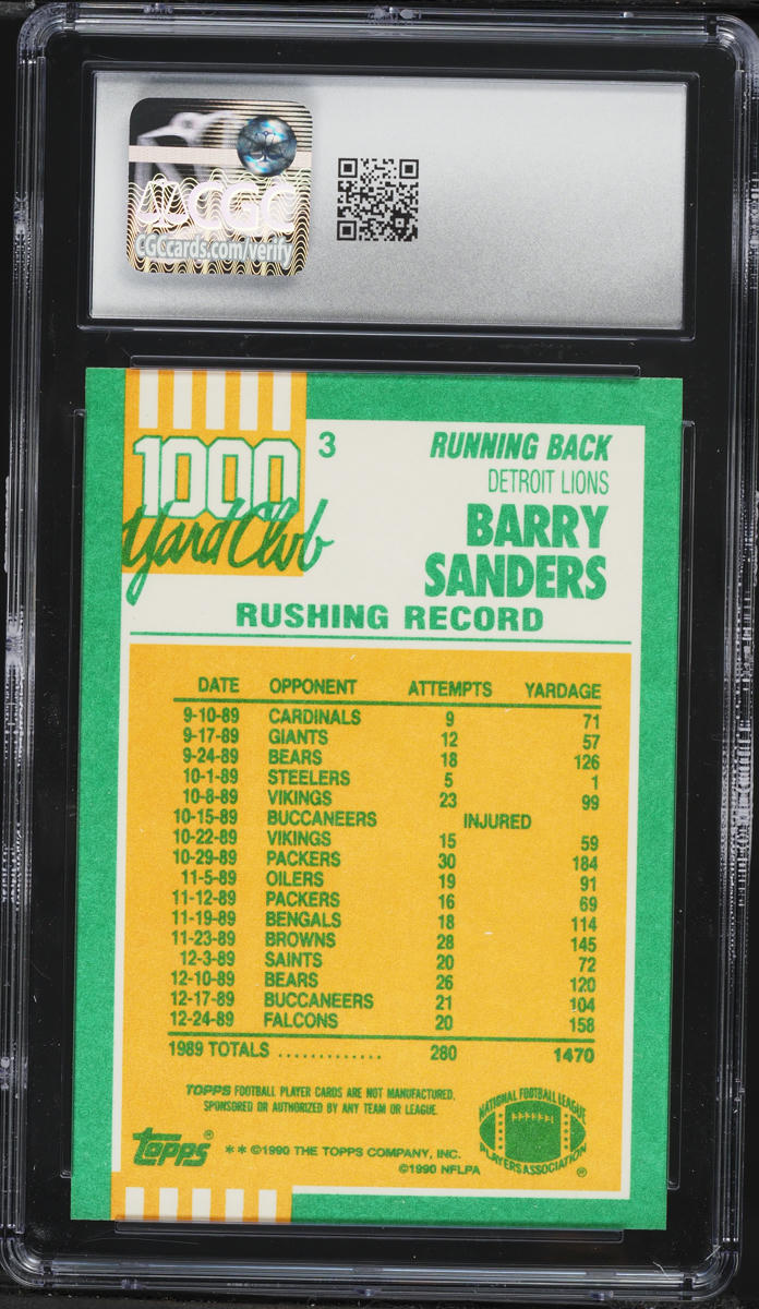 1990 Topps 1000 Yard Club Disclaimer Back Two Asterisks Barry Sanders #3 CGC 8.5 NM-MT+