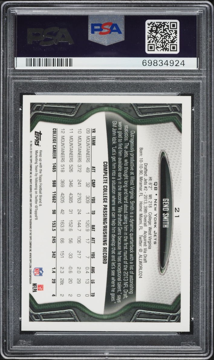 2013 Topps Chrome Throwing Geno Smith ROOKIE #21 PSA 9 MINT
