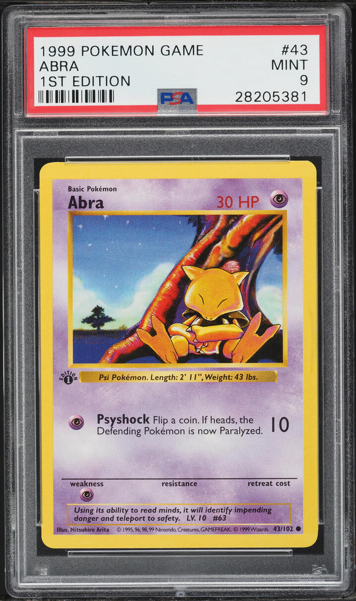 1999 Pokemon Base Set Shadowless 1st Edition Abra #43 PSA 9 MINT