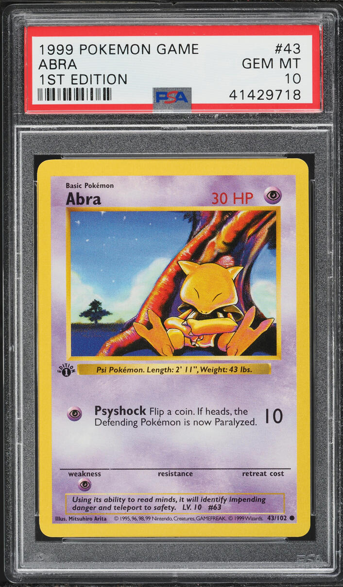 1999 Pokemon Base Set Shadowless 1st Edition Abra #43 PSA 10 GEM MINT