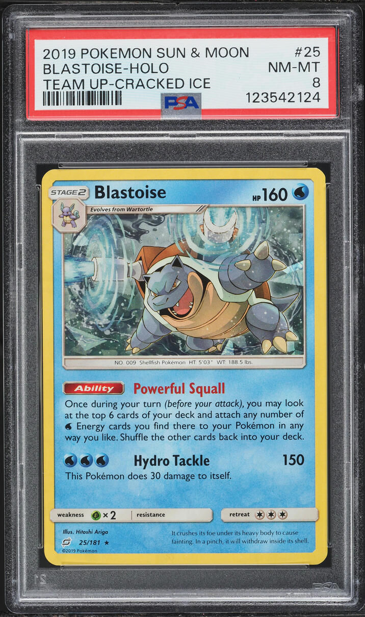 2019 Pokemon Sun & Moon Team Up Cracked Ice Holo Blastoise #25 PSA 8 NM-MT
