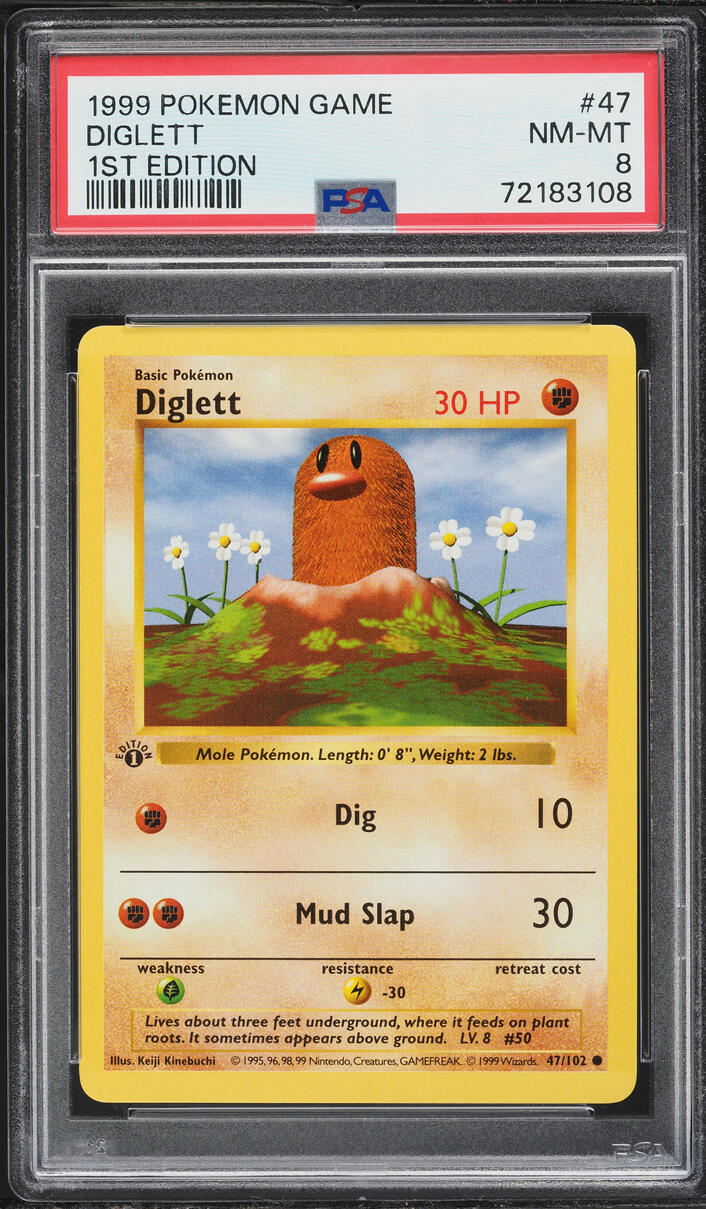 1999 Pokemon Base Set Shadowless 1st Edition Diglett #47 PSA 8 NM-MT