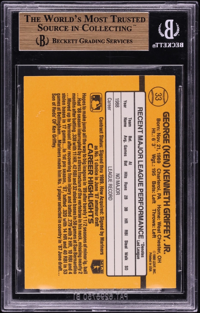 1989 Donruss Ken Griffey Jr. ROOKIE #33 BGS 10 PRISTINE