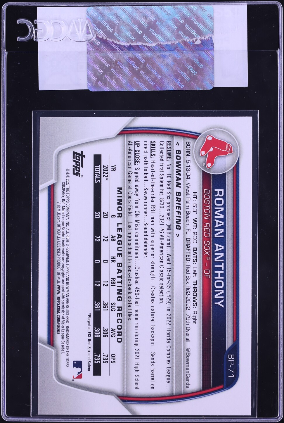 2023 Bowman Roman Anthony PROSPECT #BP-71 CGC AUTH