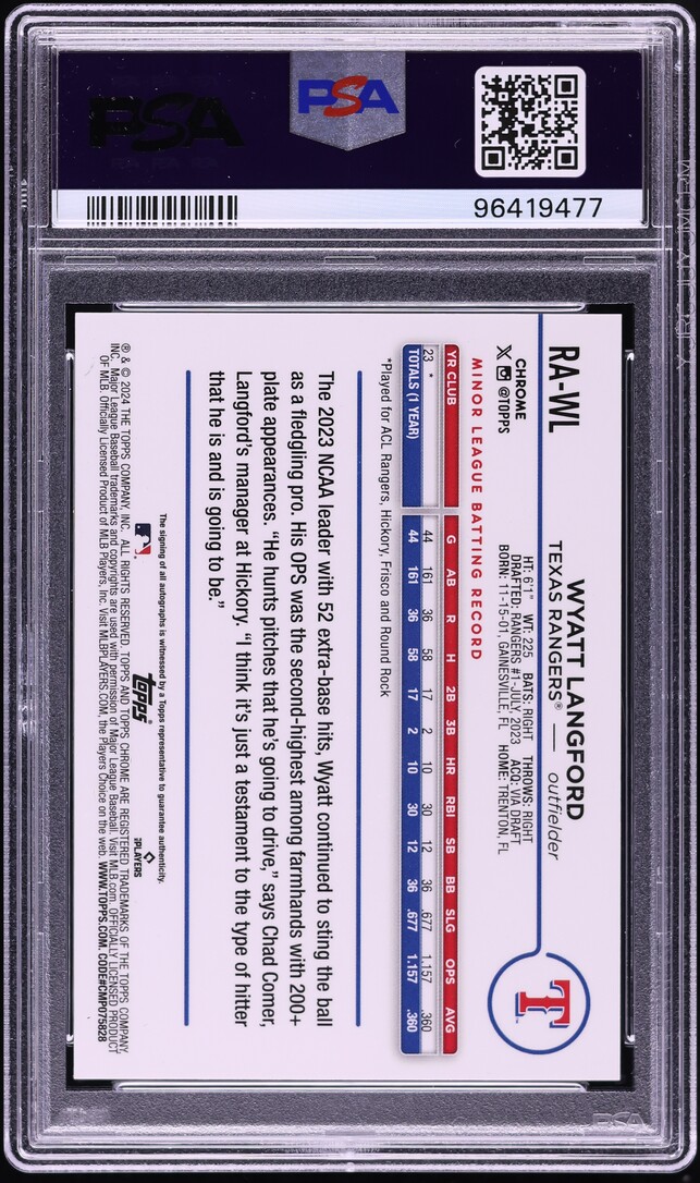 2024 Topps Chrome Aqua Wave Wyatt Langford ROOKIE AUTO /199 #RAWL PSA 9 MINT