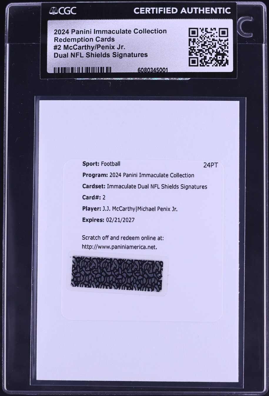 2024 Immaculate Redemption McCarthy Penix Jr. RC SHIELD PATCH AUTO 1/1 CGC AUTH