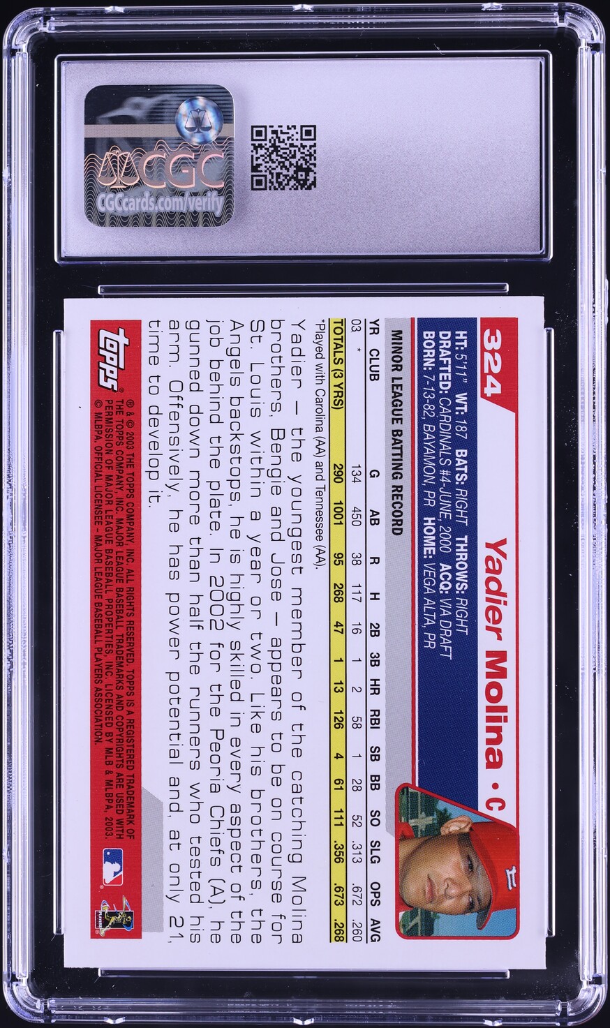 2004 Topps Yadier Molina ROOKIE #324 CGC 10 GEM MINT
