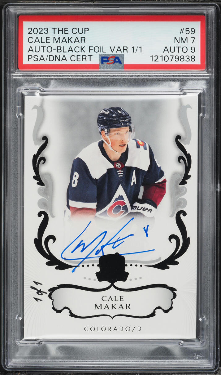 2023 Upper Deck The Cup Black Foil Variation Cale Makar AUTO DNA 9 1/1 #59 PSA 7 NRMT