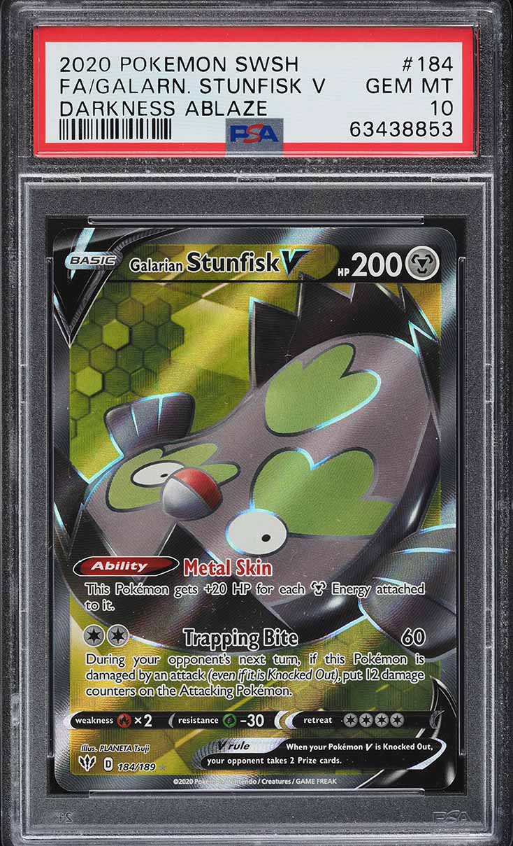 2020 Pokemon SWSH Darkness Ablaze Full Art Galarian Stunfisk V #184 PSA 10 GEM