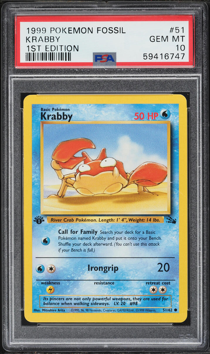1999 Pokemon Fossil 1st Edition Krabby #51 PSA 10 GEM MINT