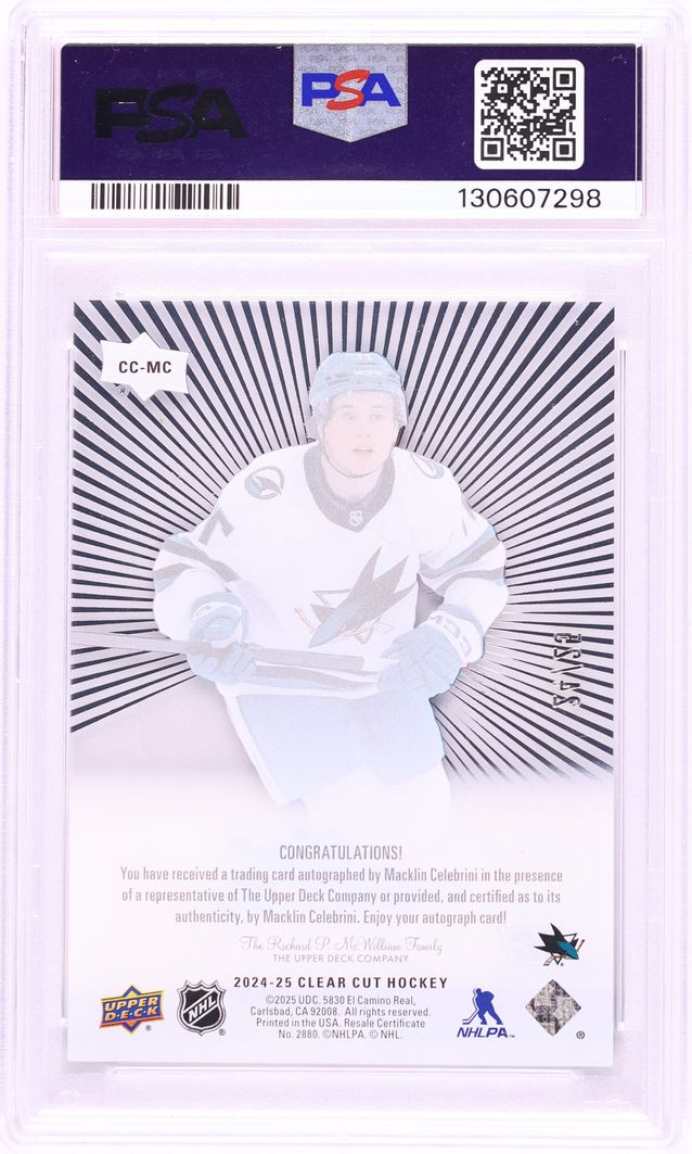 2024 Upper Deck Clear Cut Outburst Macklin Celebrini ROOKIE AUTO /25 #CC-MC PSA 10 GEM MINT