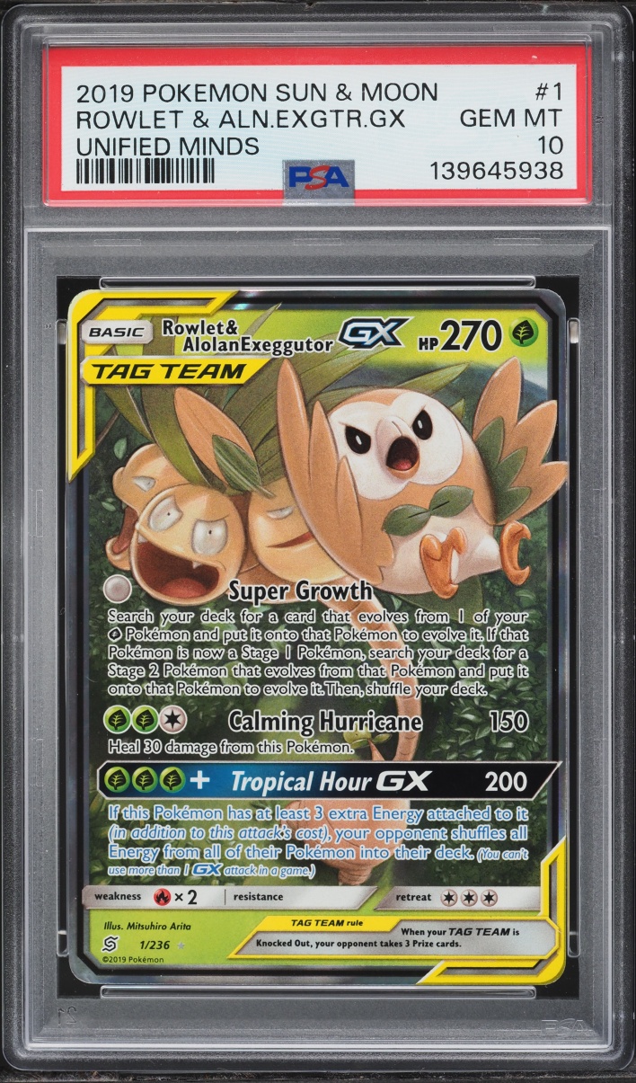 2019 Pokemon Sun & Moon Unified Minds Rowlet & Alolan Exeggutor GX #1 PSA 10 GEM MINT