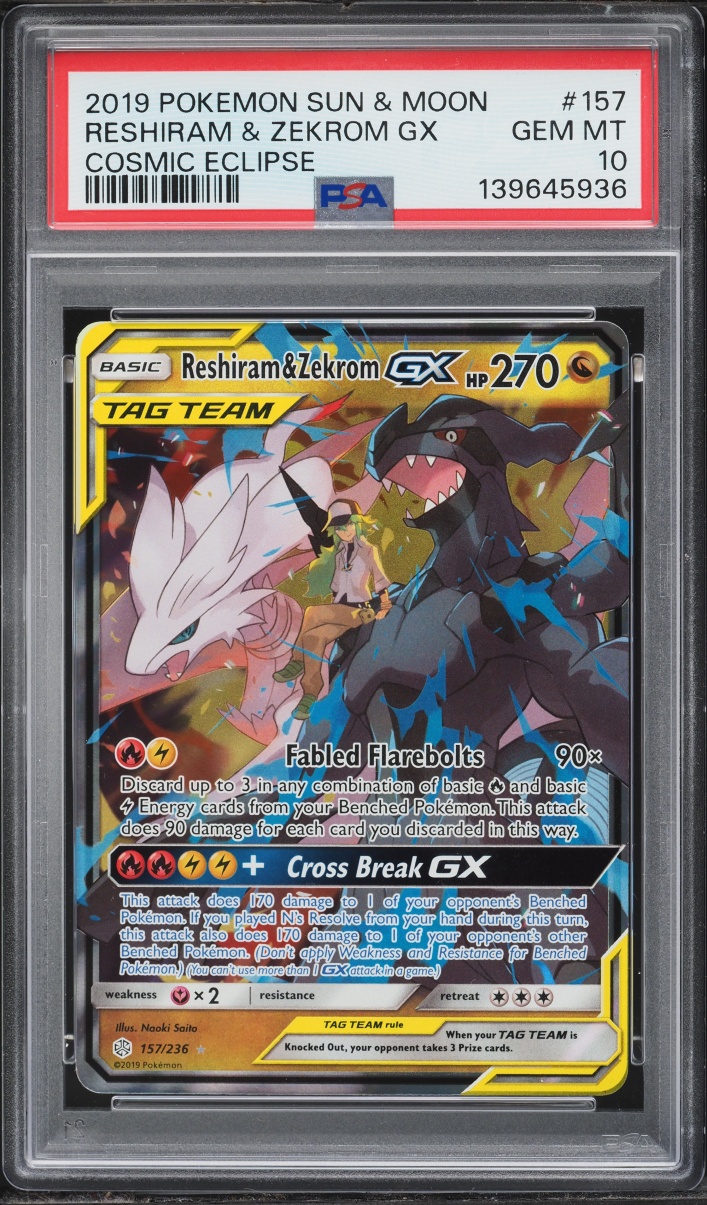 2019 Pokemon Sun & Moon Cosmic Eclipse Reshiram & Zekrom GX #157 PSA 10 GEM MINT