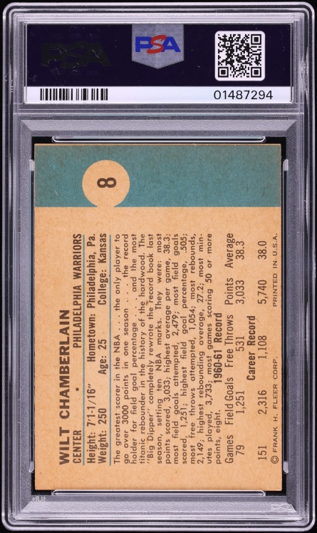 1961 Fleer Basketball Wilt Chamberlain ROOKIE #8 PSA 7(oc) NRMT