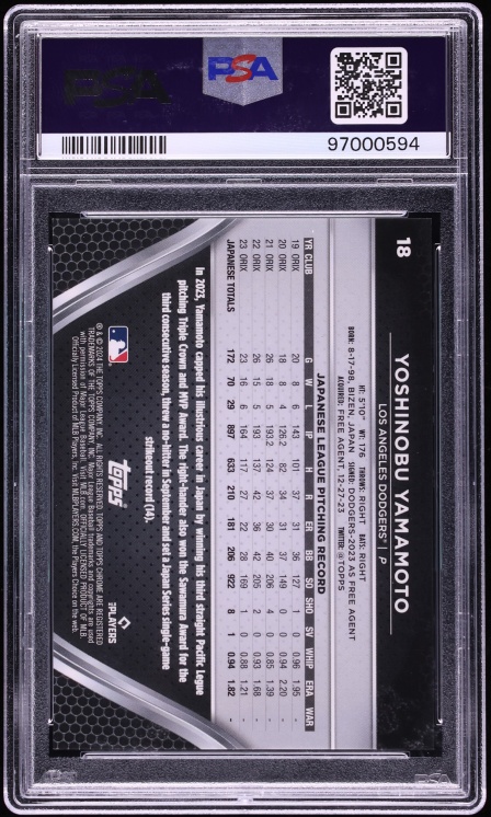 2024 Topps Chrome Black Blue Lava Refractor Yoshinobu Yamamoto ROOKIE /75 PSA 10 GEM MINT