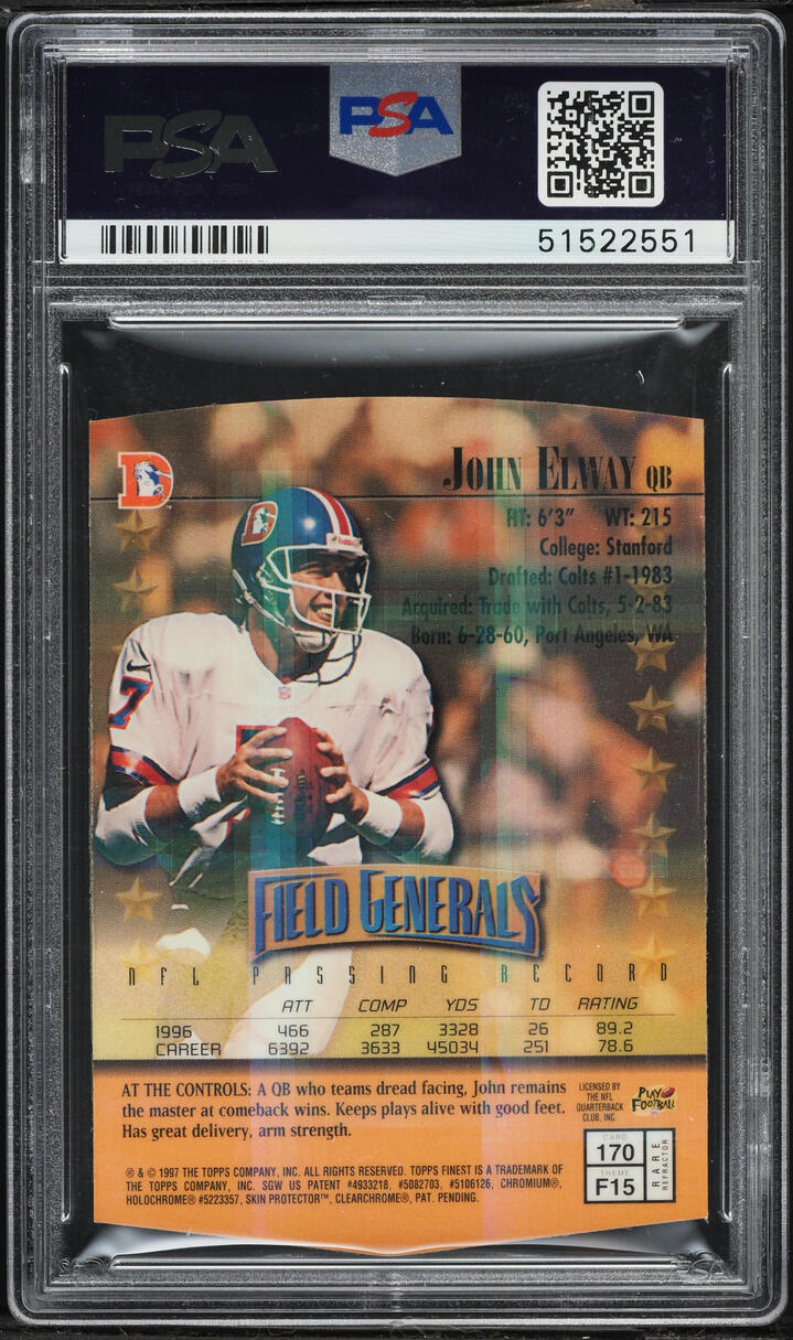 1997 Finest Field Generals Embossed Refractor Die-Cut John Elway #170 PSA 10 GEM MINT